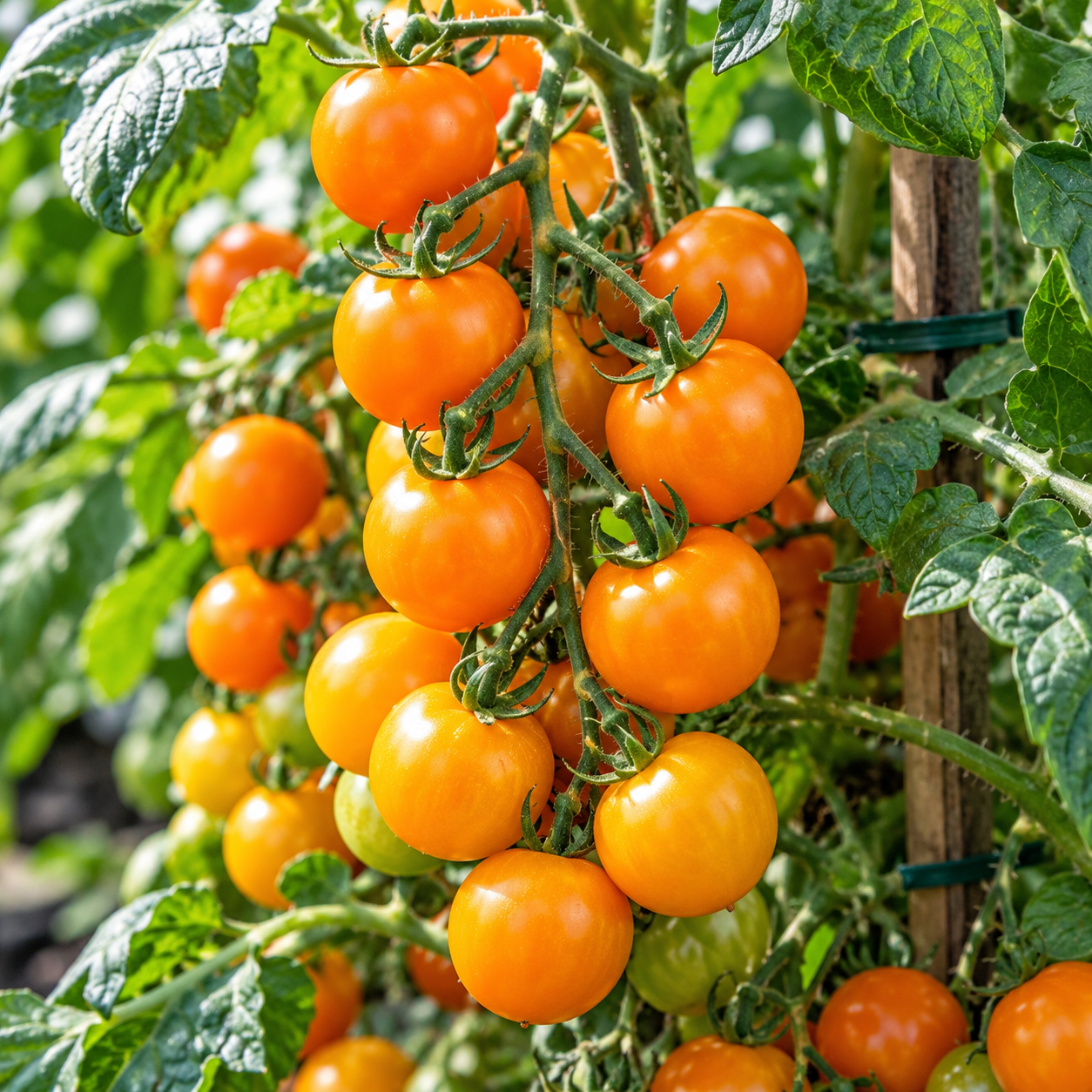 Orangefarbene Figiel-Tomaten in Rispen an der Pflanze