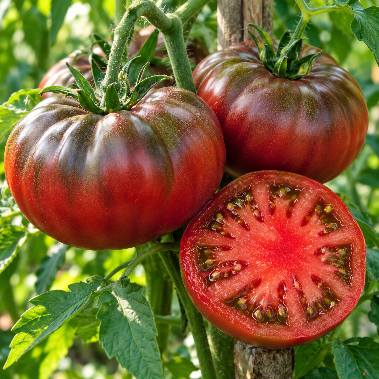 Dunkelrote Krimtomaten mit grünbraunen Schultern und einer aufgeschnittenen Frucht