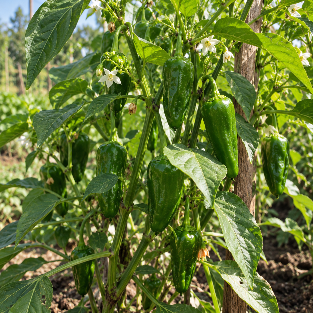 Grüne Pimientos de Padron und weiße Blüten an einer Paprikapflanze