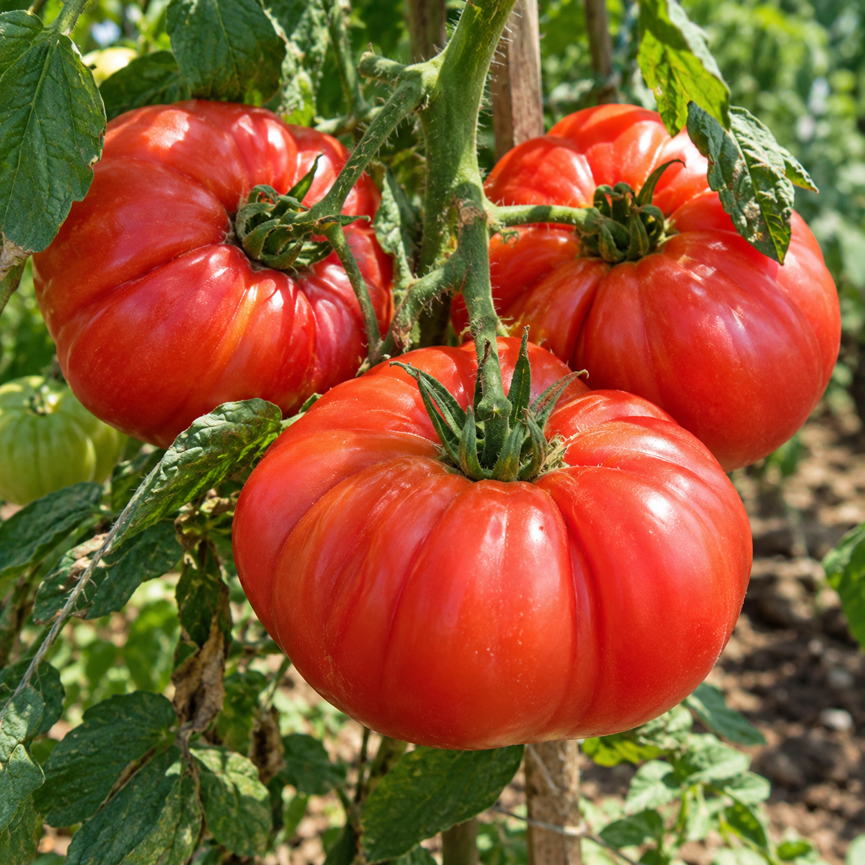 Rote, gerippte Pantano-Romanesco-Tomaten an der Pflanze
